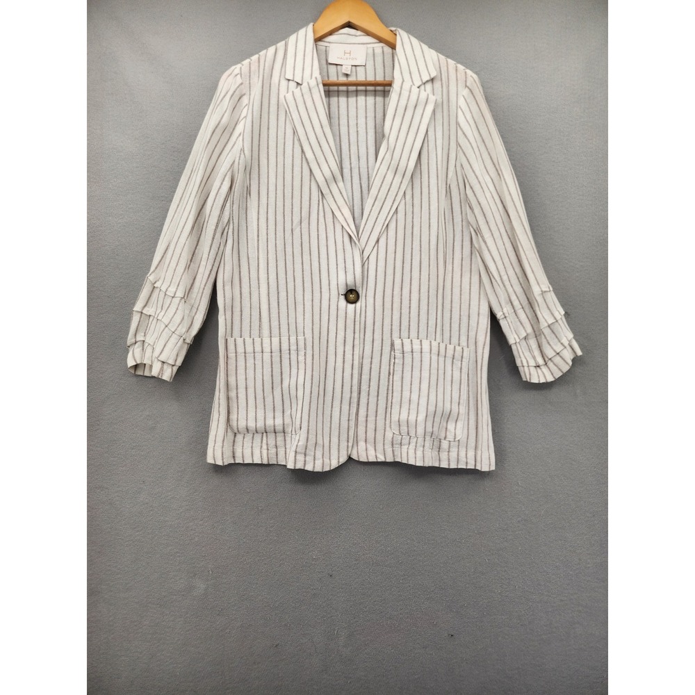 Halston Linen Stripe Blazer Ruffle Sleeve Metallic Neutral Jacket Womens Medium